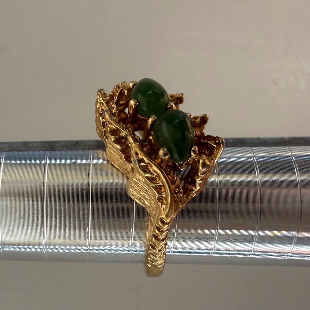 Vintage 14kt HGE Gold Green Faux Chalcedony Brutalist Statement Ring Size 6 - Picture 12 of 13